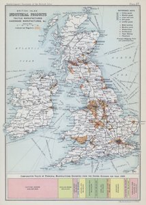 Industriprodukter fra De britiske øyer, tekstilproduksjon, jernvareproduksjon osv. (fargelitografi) av English School