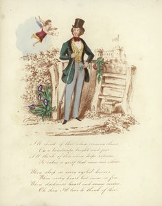 Britisk Valentine-kort med et bilde av en kjerub som leverer et Valentines-kort til en mann av English School