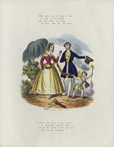 Britisk Valentine-kort med et bilde av en kjerub som trekker en kvinne sammen med en streng med blomster av English School