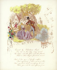 Britisk Valentine-kort med et bilde av en mann og en kvinne i en hage med en kjerub av English School