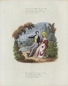 Britisk Valentine-kort med et bilde av en mann og en kvinne som sitter i en hage av English School