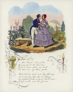 Britisk Valentine-kort med et bilde av en mann og en kvinne som går i en hage av English School