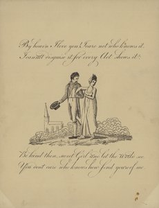 Britisk Valentine-kort med et bilde av en mann og kvinne som går arm i arm av English School