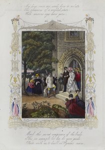 Britisk Valentine-kort med et bilde av en bryllupsfest som forlater en kirke av English School