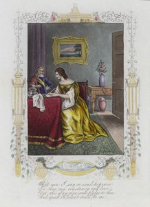 Britisk Valentine-kort med et bilde av en kvinne som skriver et brev ved et skrivebord av English School