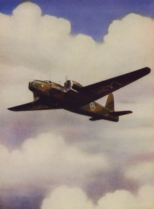 Britisk Vickers Wellington medium bombefly på flukt (farge litho) av English School