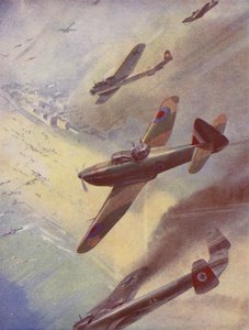 Britiske fly angriper tyske bombefly (fargelitografi) av English School