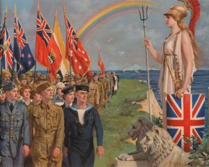 Britisk og imperiets militært personell og sivile involvert i krigsinnsatsen som paraderte før Britannia (farge litho) av English School