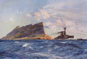 Britisk slagskip utenfor Gibraltar (farge litho) av English School