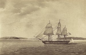 Den britiske fregatten HMS Fisgard, kommandert av kaptein Thomas Byam Martin, rekognoserer utenfor Brest, Frankrike (litografi) av English School