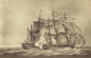 Den britiske fregatten HMS Santa Margarita, kommandert av kaptein Thomas Byam Martin, fanget den franske fregatten Thames, juni 1796 (litho) av English School
