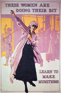 Britisk plakat av WWI for å oppmuntre kvinner til å jobbe i ammunisjonsfabrikker, ca. 1914-18 (farge litho) av English School