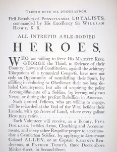 Britisk rekrutteringsplakat for First Battalion of Pennsylvania Loyalists, under den amerikanske revolusjonskrigen (gravering) av English School