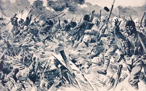 Britiske tropper i gassmasker anklager tyske skyttergraver ved Loos, Frankrike, 25. september 1915, fra 