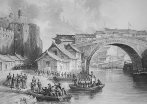 Britiske tropper lander ved vestporten til Ching Keang under opiumskrigene, illustrasjon etter en øyenvitneskisse av kaptein Stoddard (litho) (s/hvit versjon av 225386) av English School