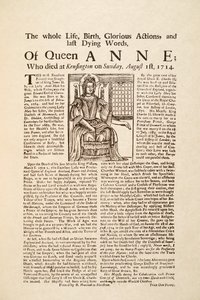 Broadside publisert ved dronning Annes død, søndag 1. august 1714 (trykk og tresnitt) av English School