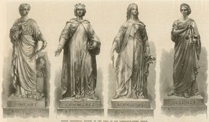 Bronseallegoriske statuer på pilarene til Farringdon Street Bridge (gravering) av English School