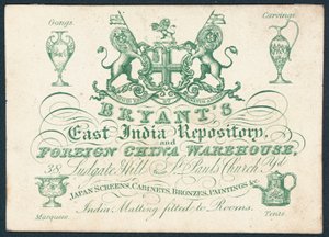 Bryants, East India Repository og utenlandsk Kina-lager, handelskort av English School