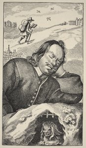 Bunyans Dream, frontispice av The Pilgrims Progress av John Bunyan (1628-88), 4. utgave, pub. 1680 (sepia-bilde) av English School