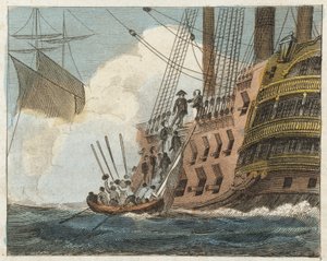 Buonaparte overgir seg til engelskmennene (farget gravering) av English School