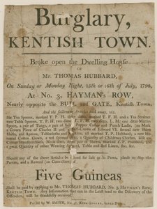Innbrudd i Kentish Town i 1798. Belønning på £5 av English School