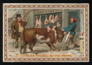 Slakter trekker en okse inn i butikken sin, julehilsen. (chromolitho) av English School