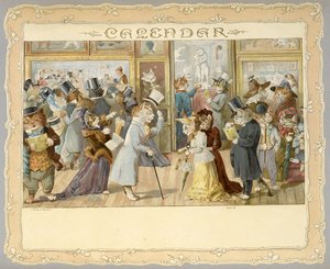 Kalender. Forside som viser katter. Hyggelige overraskelser for folk i alle størrelser. [Omvendt. Med illustrasjoner.]London: E. Nister, [1892] av English School