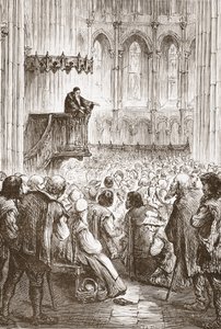 Calvin forkynner sin avskjedspreken i forventning om forvisning, illustrasjon fra The History of Protestantism av James Aitken Wylie (1808-1890), pub. 1878 av English School