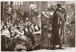 Calvin truet i kirken Rive, illustrasjon fra The History of Protestantism av James Aitken Wylie (1808-1890), pub. 1878 av English School