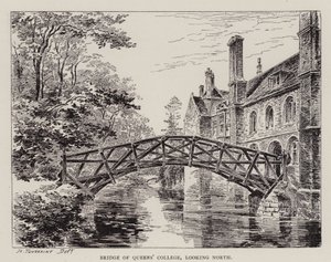 Cambridge: Bridge of Queens' College, ser nordover (etsing) av English School