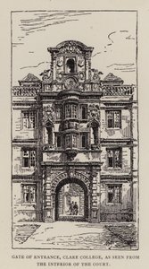 Cambridge: Gate of Entrance, Clare College, sett fra domstolens indre (etsning) av English School