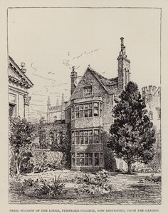 Cambridge: Oriel Window of the Lodge, Pembroke College, nå ødelagt, fra hagen (etsing) av English School