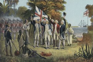 Captain Cook tar Australia i besittelse (farge litho) av English School