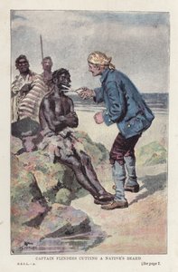 Kaptein Flinders klipper en innfødts skjegg (farge litho) av English School