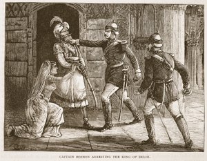 Kaptein Hodson arresterer kongen av Delhi, illustrasjon fra Cassells Illustrated History of England av English School