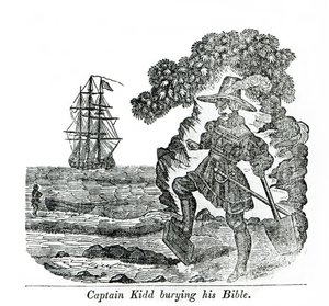 Captain Kidd Burying His Bible, illustrasjon fra "Pirates own Book" av Charles Elms av English School