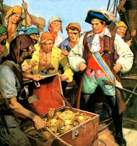 Kaptein Kidds tapte skatt, hvis hemmelighet han tok med seg til galgen i 1701 (fargelitografi) av English School