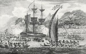 Captain Wallis attacked by the Indians av English School