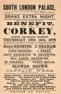 Kaptein Webb, kanalens helt, fotgjengeren Corkey, Beckwiths (svømmere) og andre ved South London Palace, 1878 av English School
