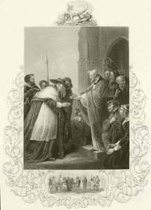 Kardinal Wolsey går inn i Abbey of Leicester av English School