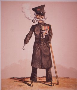 Karikatur av Chelsea Pensjonist ved Royal Hospital, fra 'Army and Navy Drolleries' av major Seccombe (farget gravering) av English School