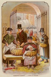 Carnarvon Market, en scene i Wales (farge litho) av English School