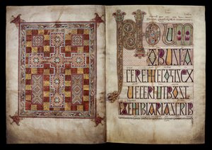 Teppeside og Incipit-side som introduserer St. Hieronymus#39; brev til pave Damasus, Cotton Nero D. IV, f.2v og f.3r fra Lindisfarne-evangeliene, 710–721 (vellum) av English School