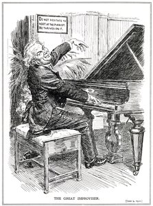 Tegneserie som viser LLoyd George som den store improvisatoren eller lederen av Improvisa-Tories, juni 1920 av English School