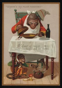 Tegneserie av aper og en plommepudding, gratulasjonskort for nyttår. (chromolitho) av English School