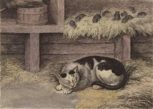 Katt og mus i en låve (tonet gravering)