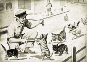 Katter kommer for å hilse på kattens kjøttmann av English School
