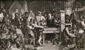 Caxton (ca. 1422-91) viser eksemplarer av hans trykk til kong Edward IV ved Almonry i Westminster, 1858 av English School