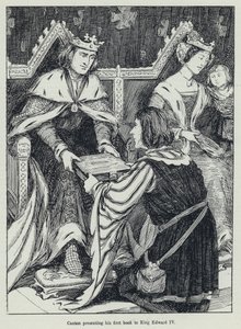 Caxton presenterer sin første bok til kong Edward IV (litho) av English School