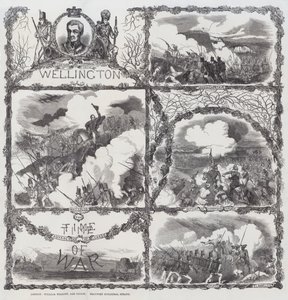 Feirer hertugen av Wellingtons seire ved beleiringen av Seringapatam (1799), nederlaget til Dhondia Wagh (1800), slaget ved Assaye (1803) og slaget ved Waterloo (1815) (gravering) av English School